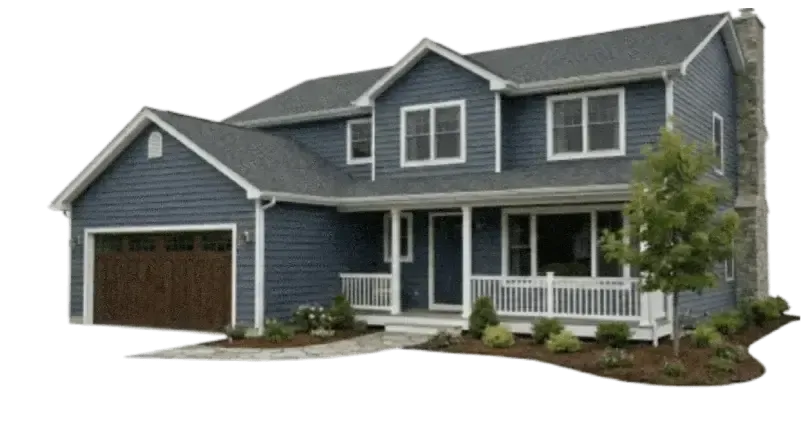 A blue two-story house with a front porch